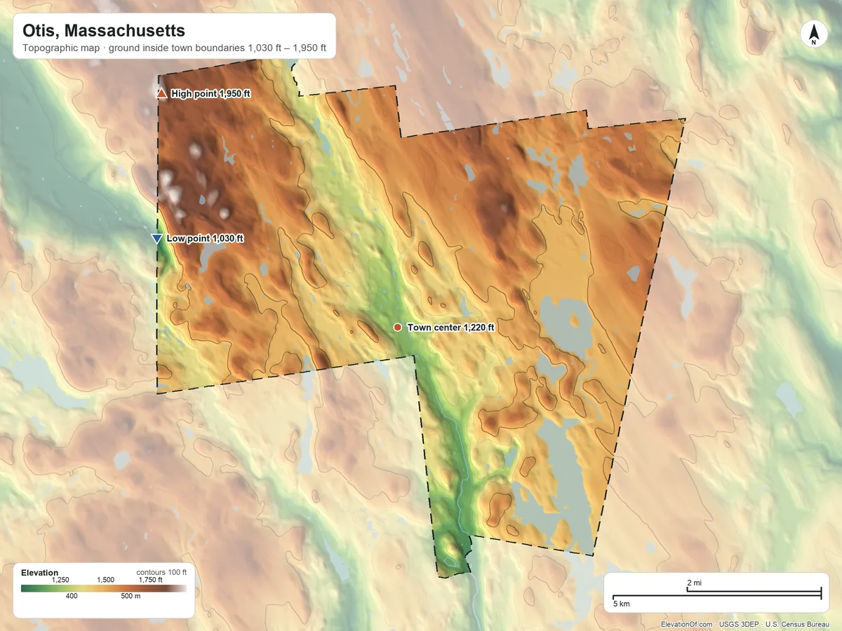 Topographic elevation map of Otis, Massachusetts, shaded from 1,030 ft on the west side to 1,950 ft on Dorman Mountain