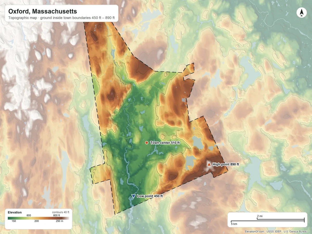 Topographic elevation map of Oxford, Massachusetts, shaded from 450 ft on the south side to 890 ft on Goat Hill