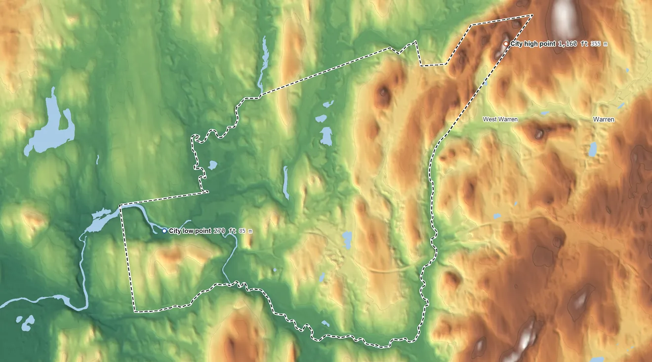 Topographic elevation map of Palmer Town, Massachusetts, shaded from 270 ft on the west side to 1,160 ft on Colonels Mountain