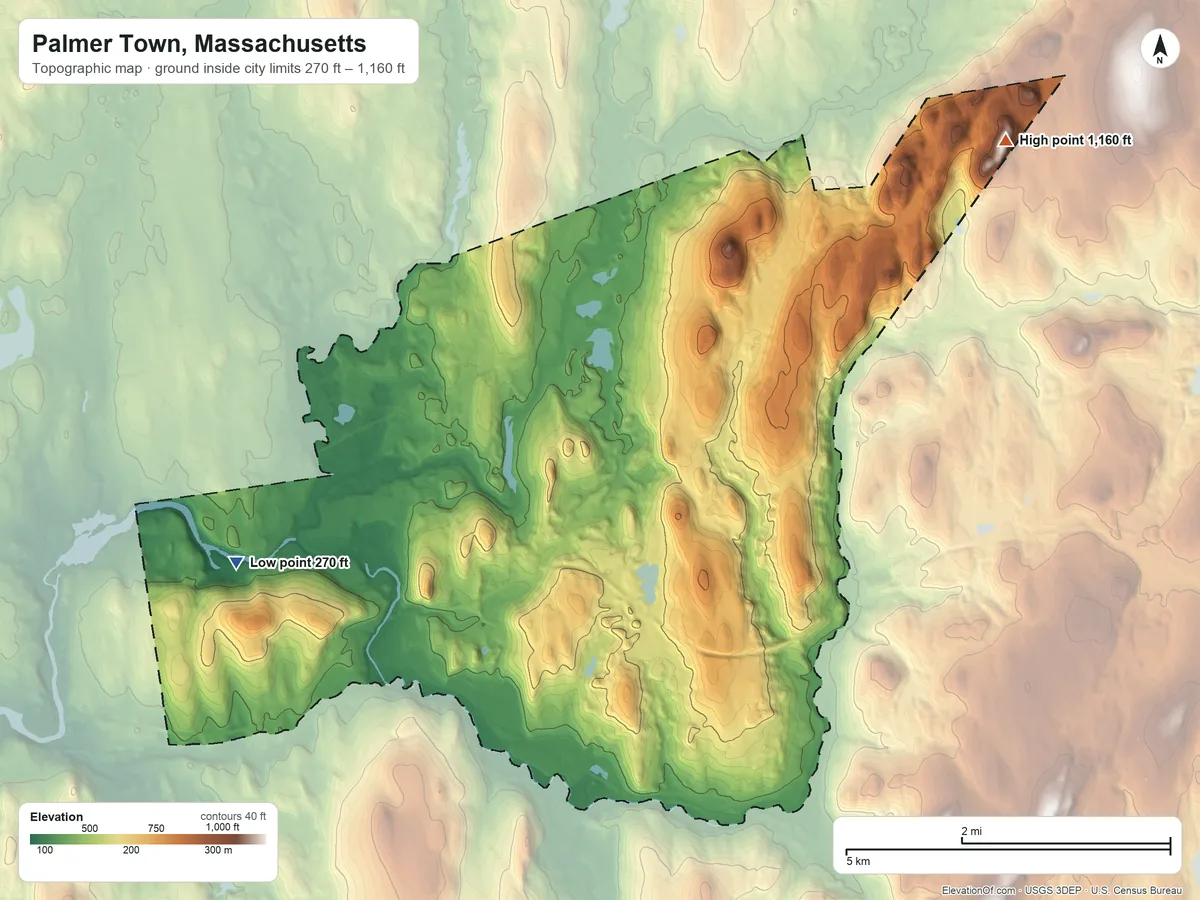 Topographic elevation map of Palmer Town, Massachusetts, shaded from 270 ft on the west side to 1,160 ft on Colonels Mountain