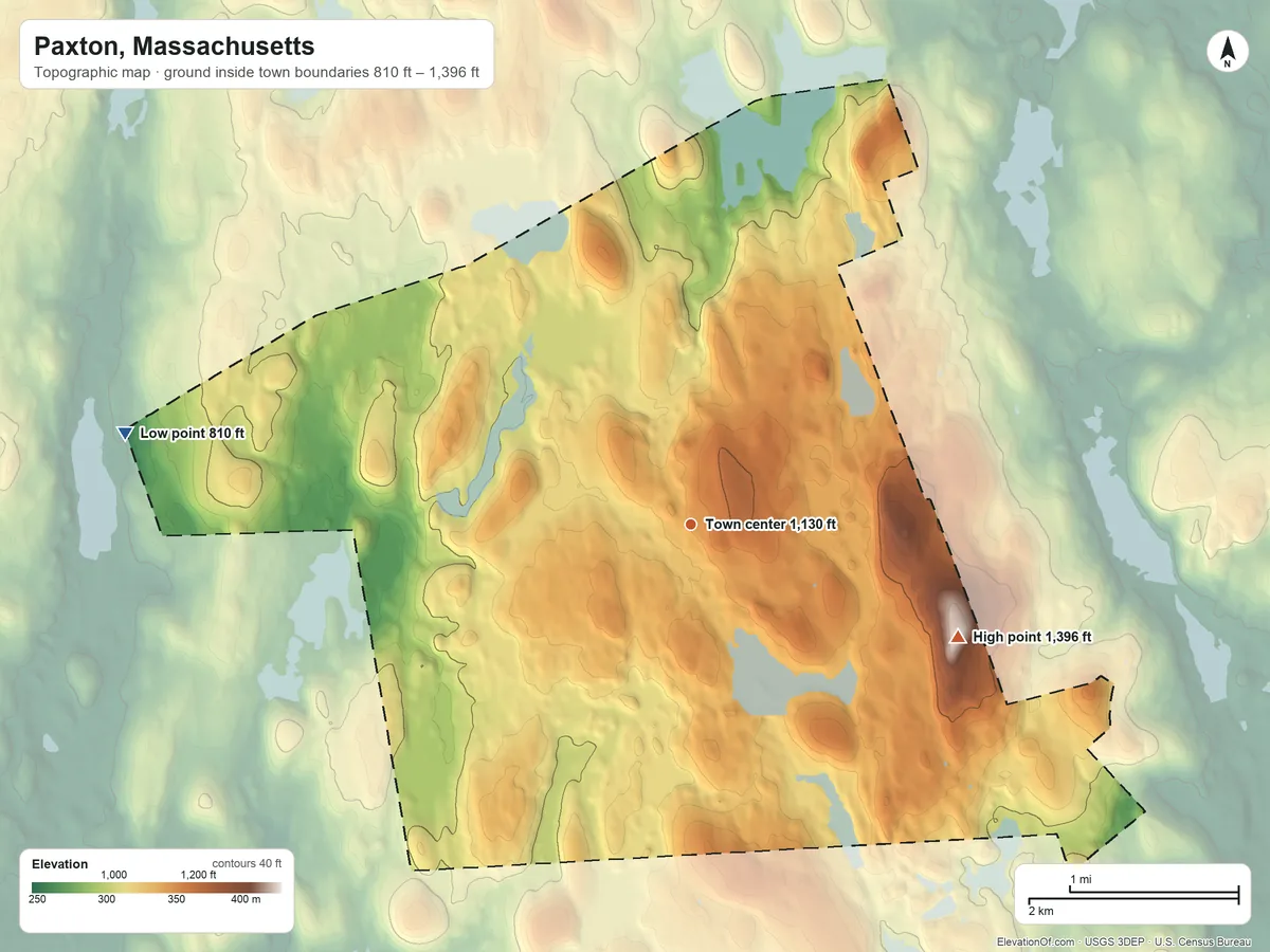 Topographic elevation map of Paxton, Massachusetts, shaded from 810 ft on the west side to 1,396 ft on Asnebumskit Hill