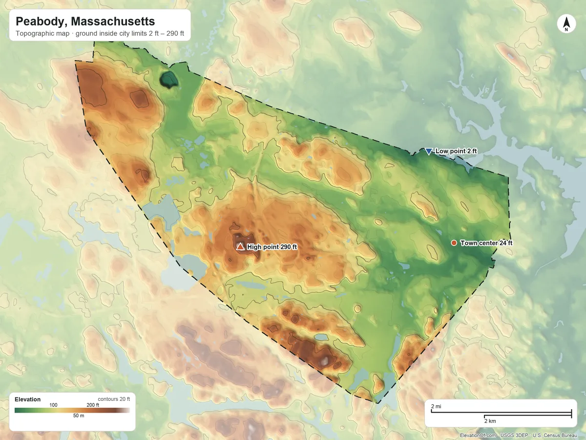 Topographic elevation map of Peabody, Massachusetts, shaded from 2 ft on the north side to 290 ft on the west side