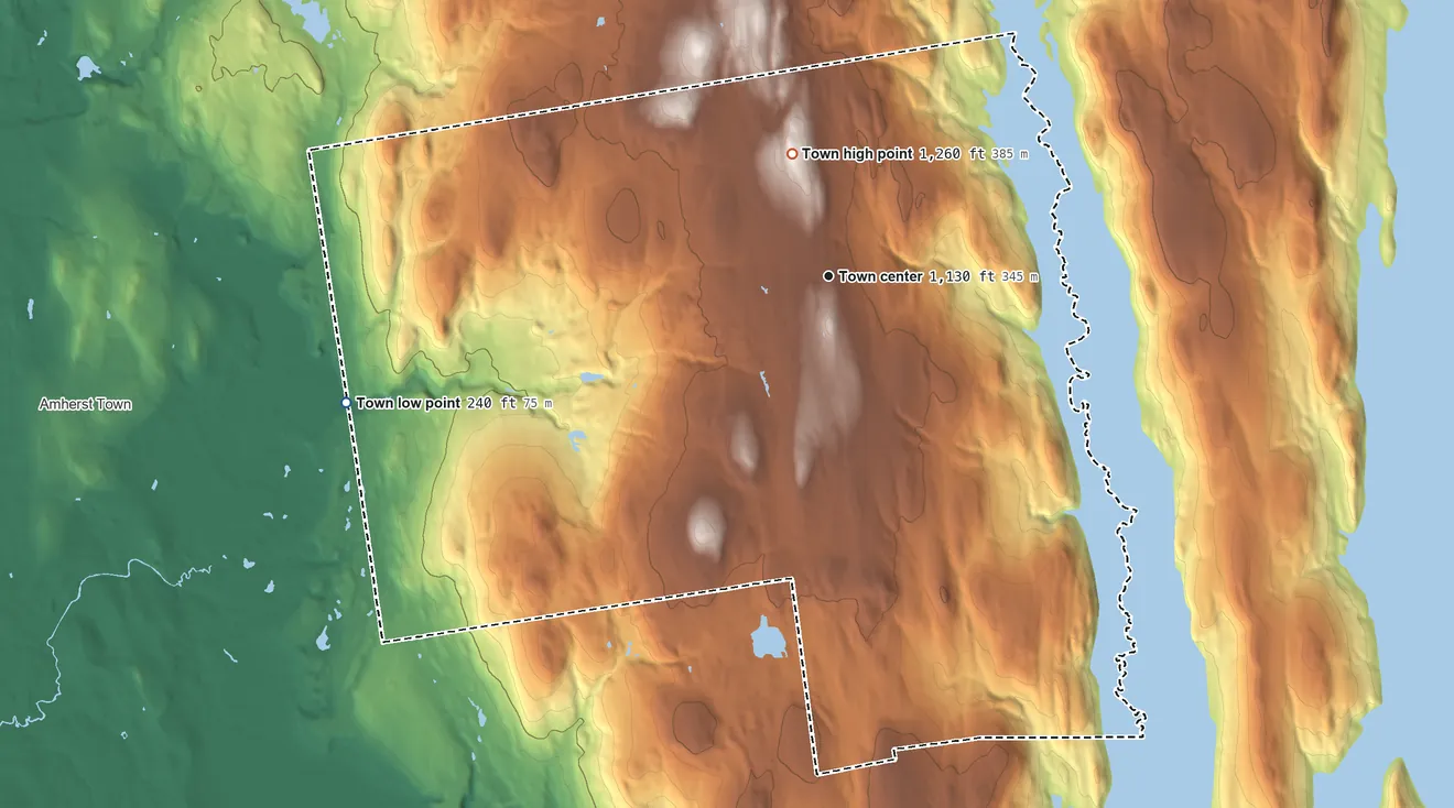 Topographic elevation map of Pelham, Massachusetts, shaded from 240 ft on the west side to 1,260 ft on the north side