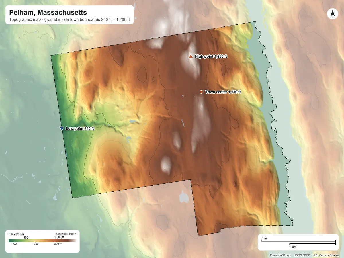 Topographic elevation map of Pelham, Massachusetts, shaded from 240 ft on the west side to 1,260 ft on the north side