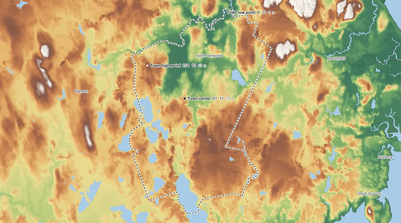 Topographic elevation map of Pembroke, Massachusetts, shaded from 0 ft on the northeast side to 150 ft on the northwest side