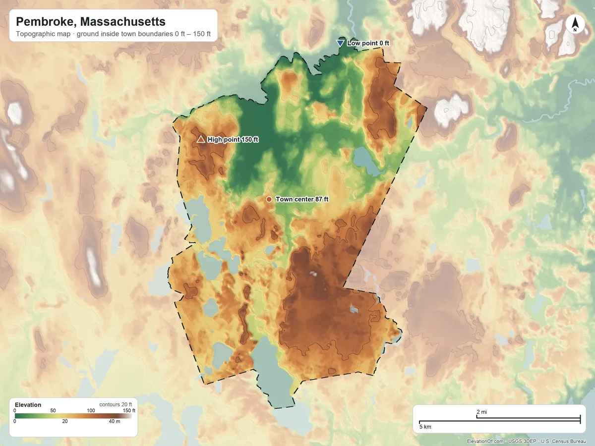 Topographic elevation map of Pembroke, Massachusetts, shaded from 0 ft on the northeast side to 150 ft on the northwest side
