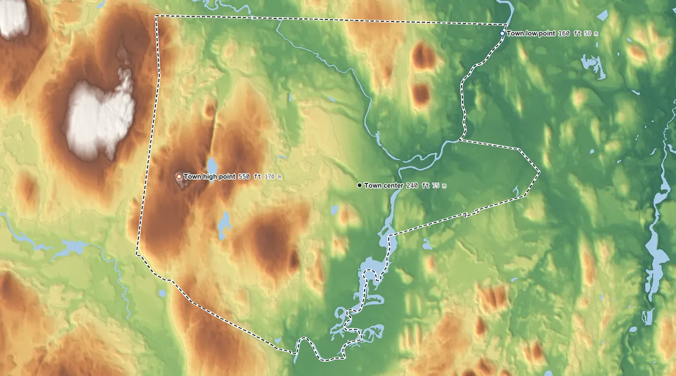 Topographic elevation map of Pepperell, Massachusetts, shaded from 160 ft on the northeast side to 550 ft on the west side