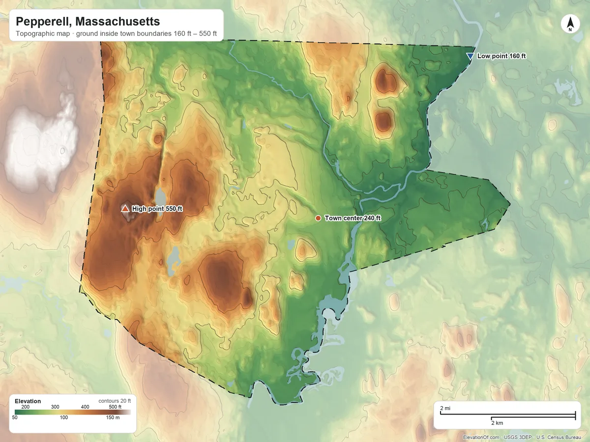 Topographic elevation map of Pepperell, Massachusetts, shaded from 160 ft on the northeast side to 550 ft on the west side