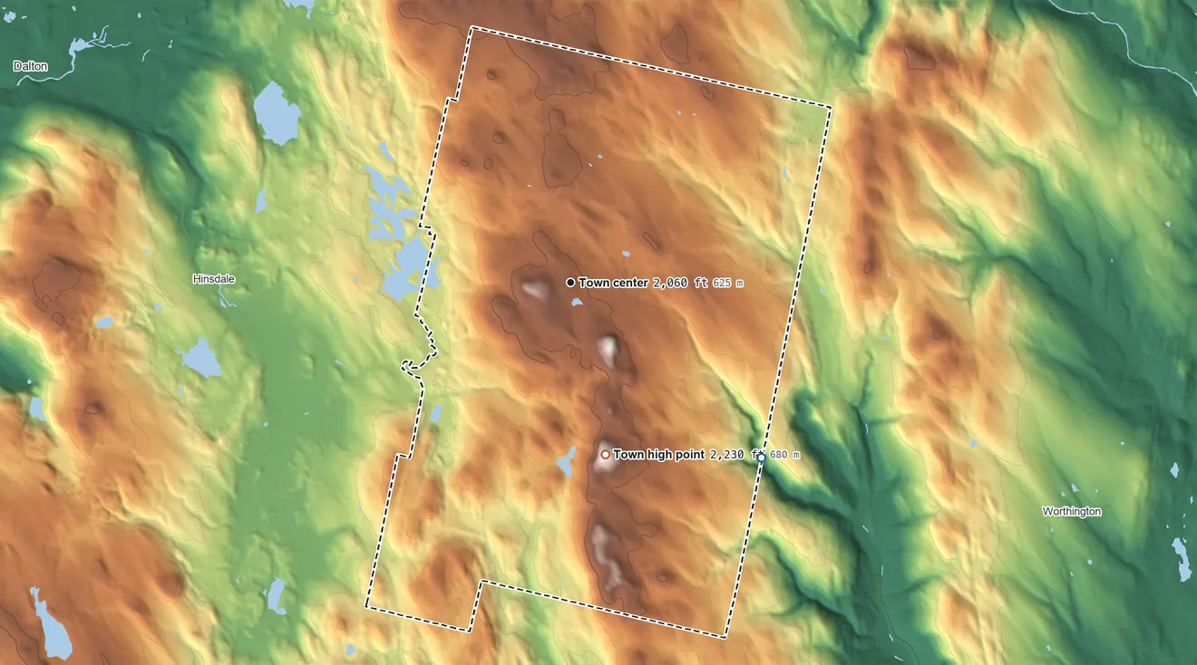 Topographic elevation map of Peru, Massachusetts, shaded from 1,290 ft on the southeast side to 2,230 ft on Haskell Hill