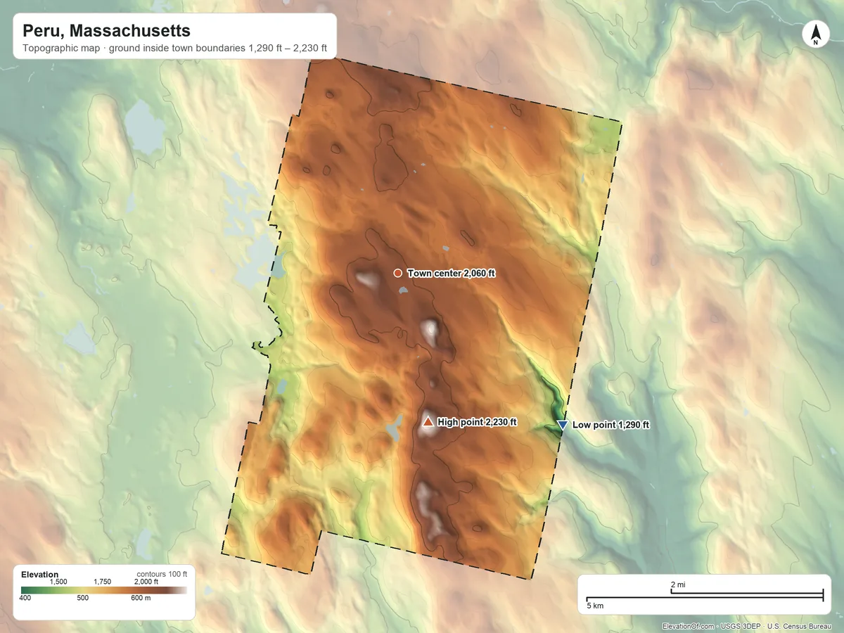 Topographic elevation map of Peru, Massachusetts, shaded from 1,290 ft on the southeast side to 2,230 ft on Haskell Hill