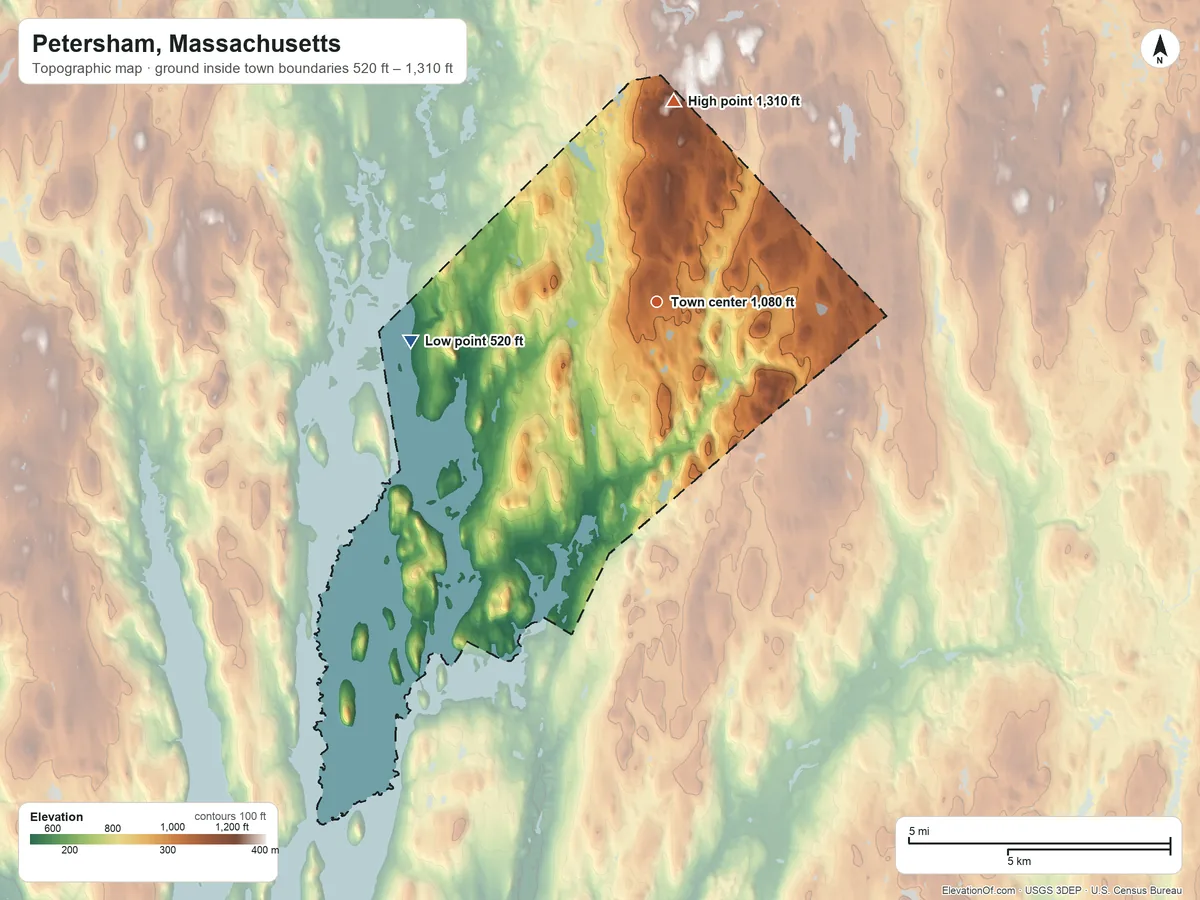 Topographic elevation map of Petersham, Massachusetts, shaded from 520 ft on the west side to 1,310 ft on the north side