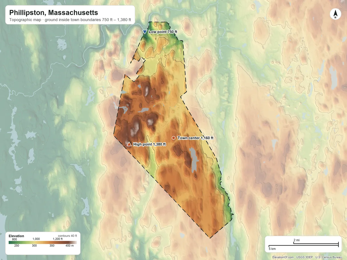 Topographic elevation map of Phillipston, Massachusetts, shaded from 750 ft on the north side to 1,380 ft on Prospect Hill