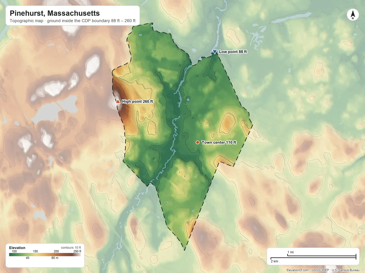 Topographic elevation map of Pinehurst, Massachusetts, shaded from 88 ft on the north side to 260 ft on the northwest side