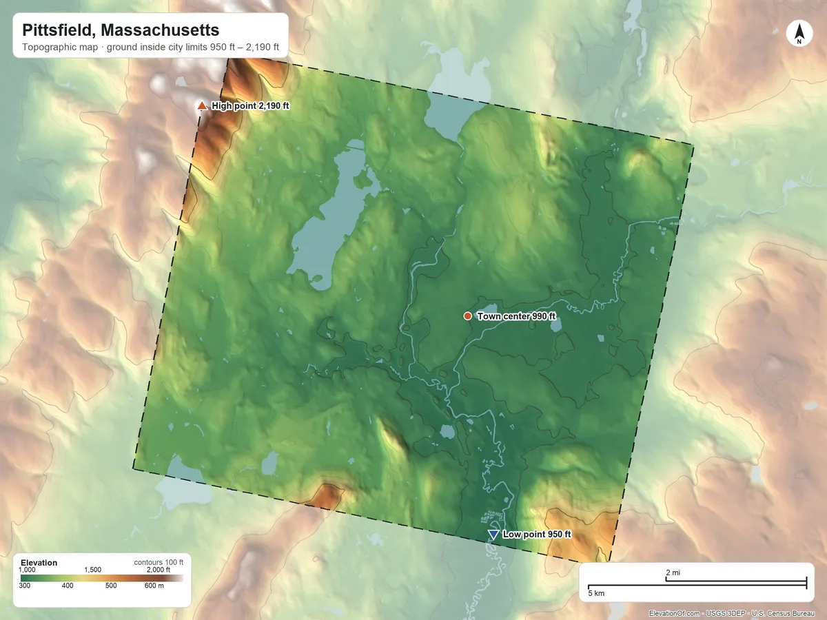 Topographic elevation map of Pittsfield, Massachusetts, shaded from 950 ft on the south side to 2,190 ft on the northwest edge, below higher ground just outside