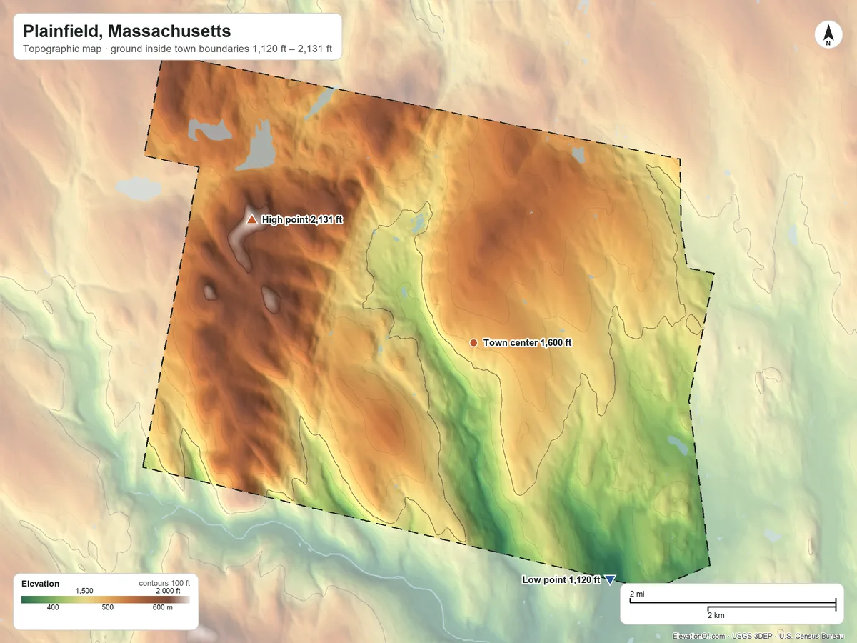 Topographic elevation map of Plainfield, Massachusetts, shaded from 1,120 ft on the southeast side to 2,131 ft on West Mountain