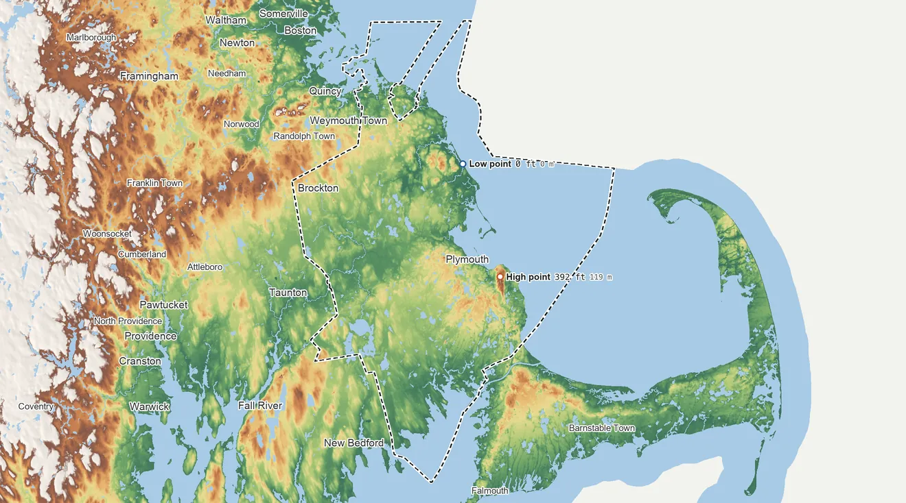Topographic elevation map of Plymouth County, Massachusetts, shaded from sea level on Massachusetts Bay to 392 ft on Pine Hills