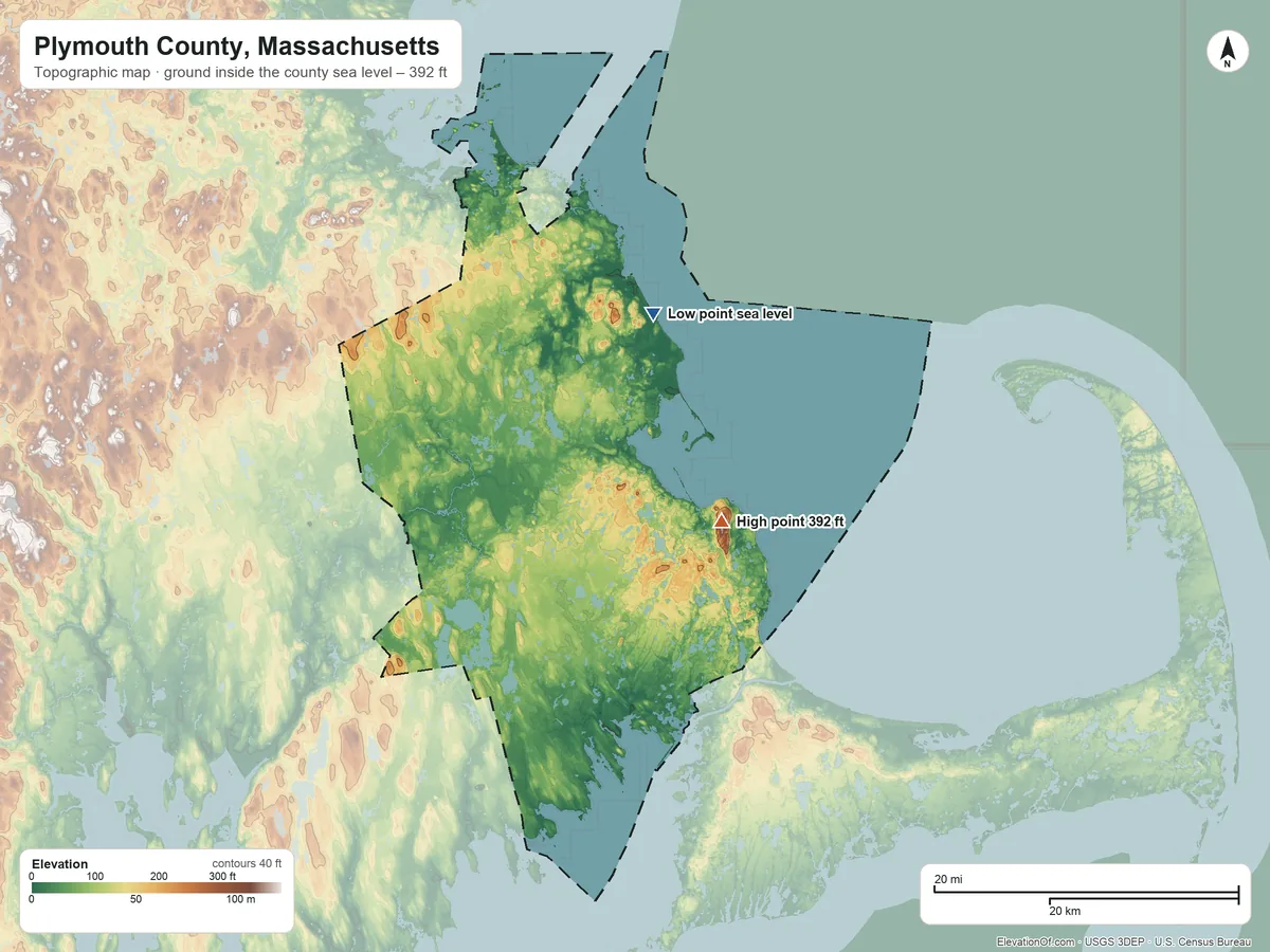 Topographic elevation map of Plymouth County, Massachusetts, shaded from sea level on Massachusetts Bay to 392 ft on Pine Hills