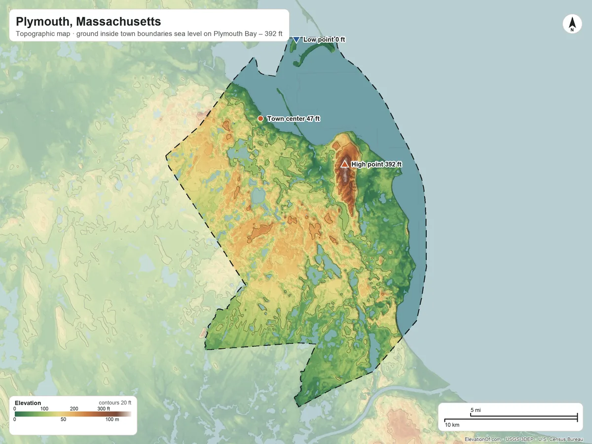 Topographic elevation map of Plymouth, Massachusetts, shaded from sea level level on Plymouth Bay to 392 ft on Pine Hills