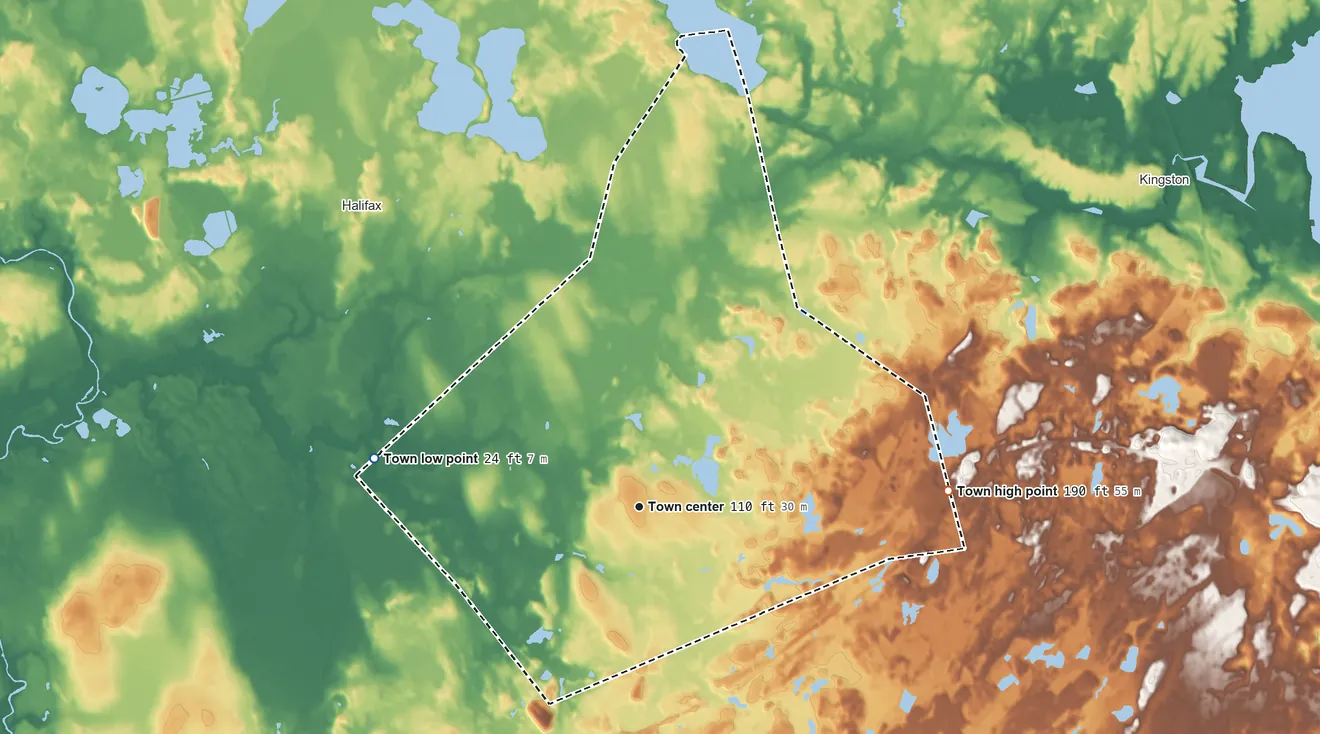 Topographic elevation map of Plympton, Massachusetts, shaded from 24 ft on the west side to 190 ft on the east side