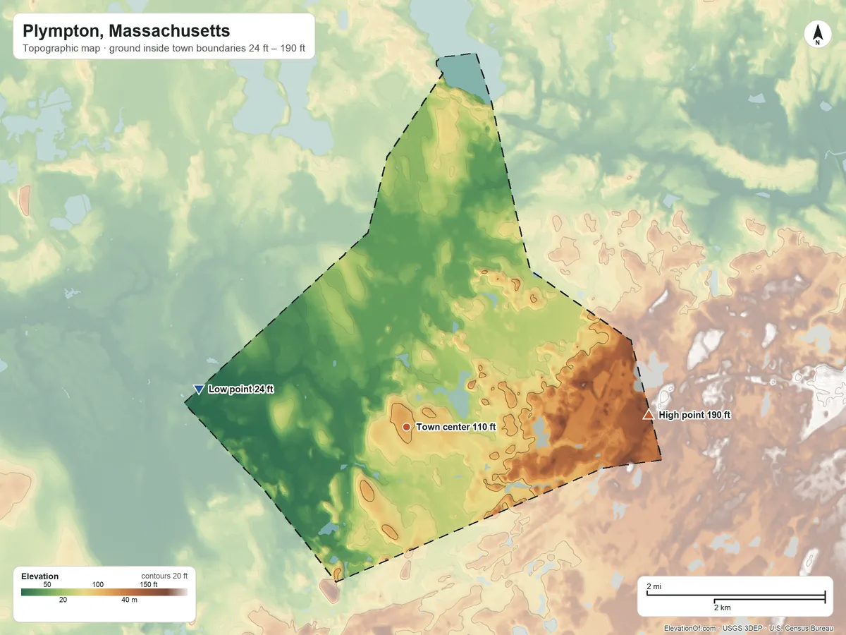 Topographic elevation map of Plympton, Massachusetts, shaded from 24 ft on the west side to 190 ft on the east side