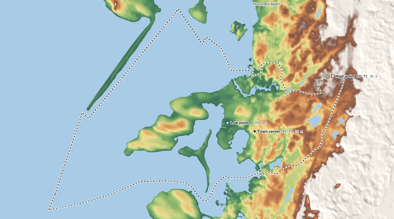 Topographic elevation map of Pocasset, Massachusetts, shaded from sea level level on Buzzards Bay to 98 ft on the northeast side