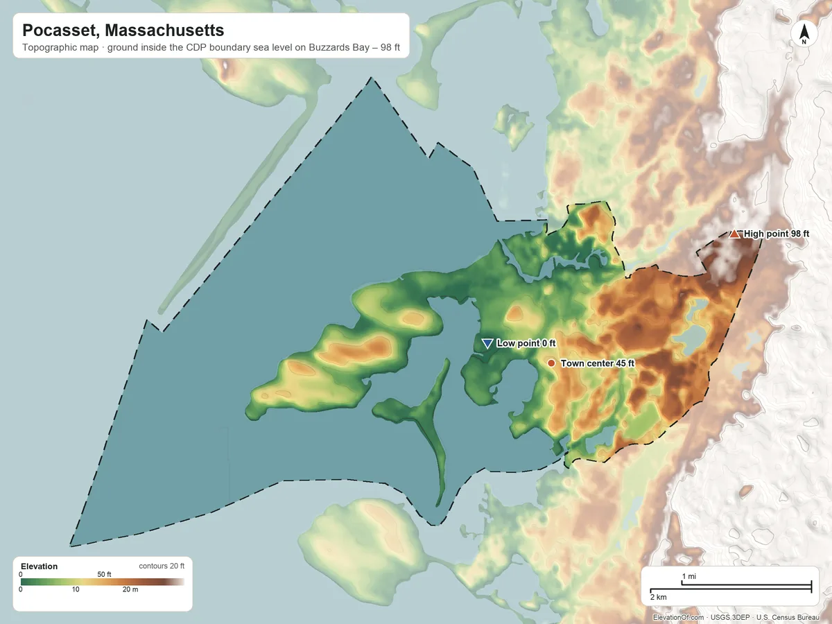 Topographic elevation map of Pocasset, Massachusetts, shaded from sea level level on Buzzards Bay to 98 ft on the northeast side