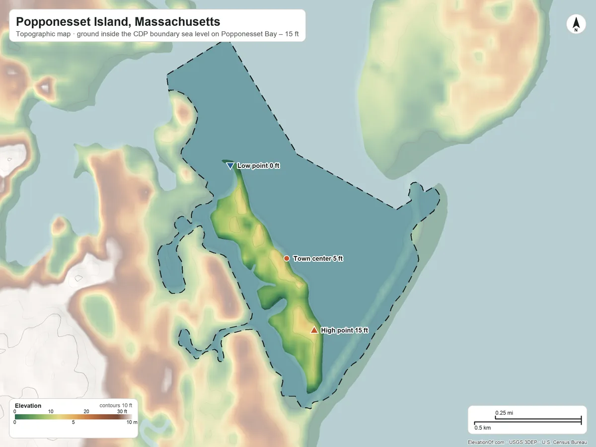 Topographic elevation map of Popponesset Island, Massachusetts, shaded from sea level level on Popponesset Bay to 15 ft on the south side