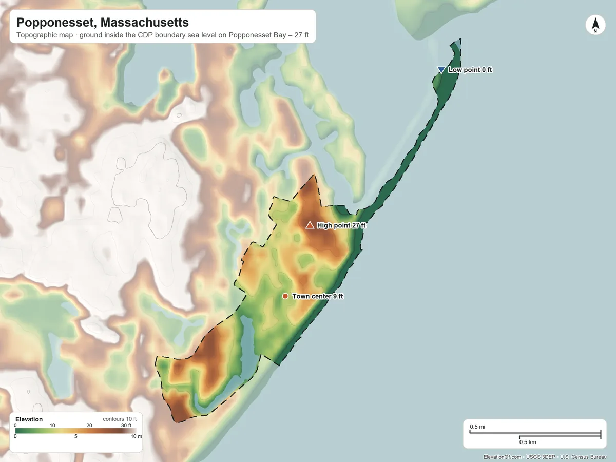 Topographic elevation map of Popponesset, Massachusetts, shaded from sea level level on Popponesset Bay to 27 ft on the north side