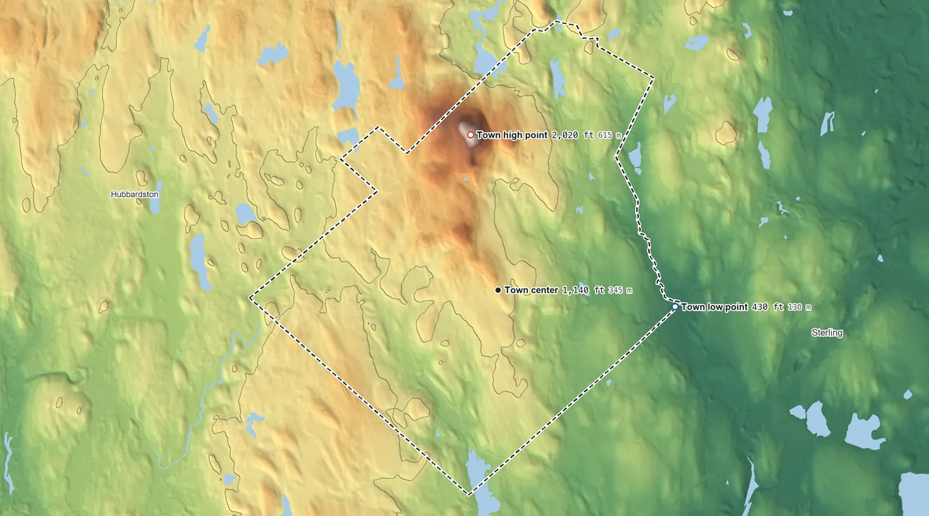 Topographic elevation map of Princeton, Massachusetts, shaded from 430 ft on the east side to 2,020 ft on Wachusett Mountain