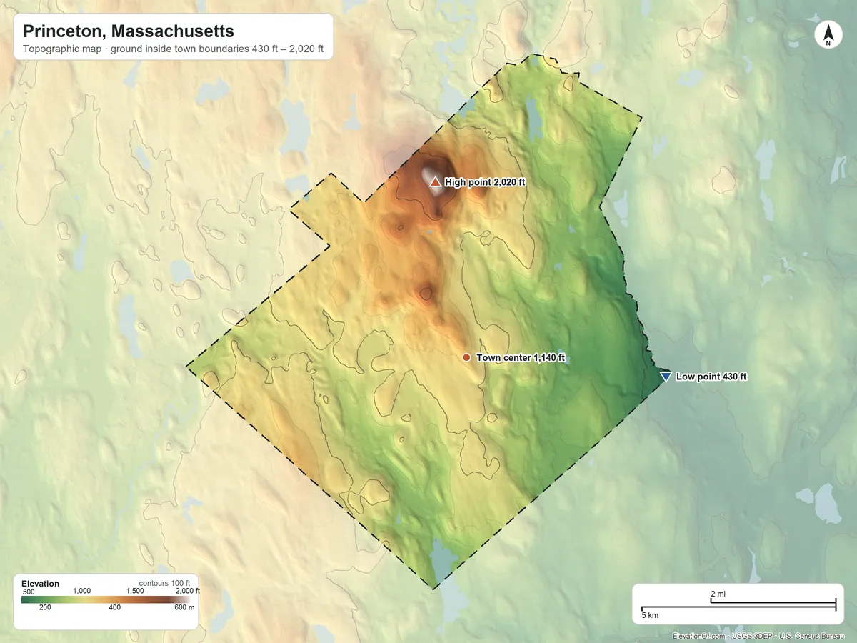 Topographic elevation map of Princeton, Massachusetts, shaded from 430 ft on the east side to 2,020 ft on Wachusett Mountain