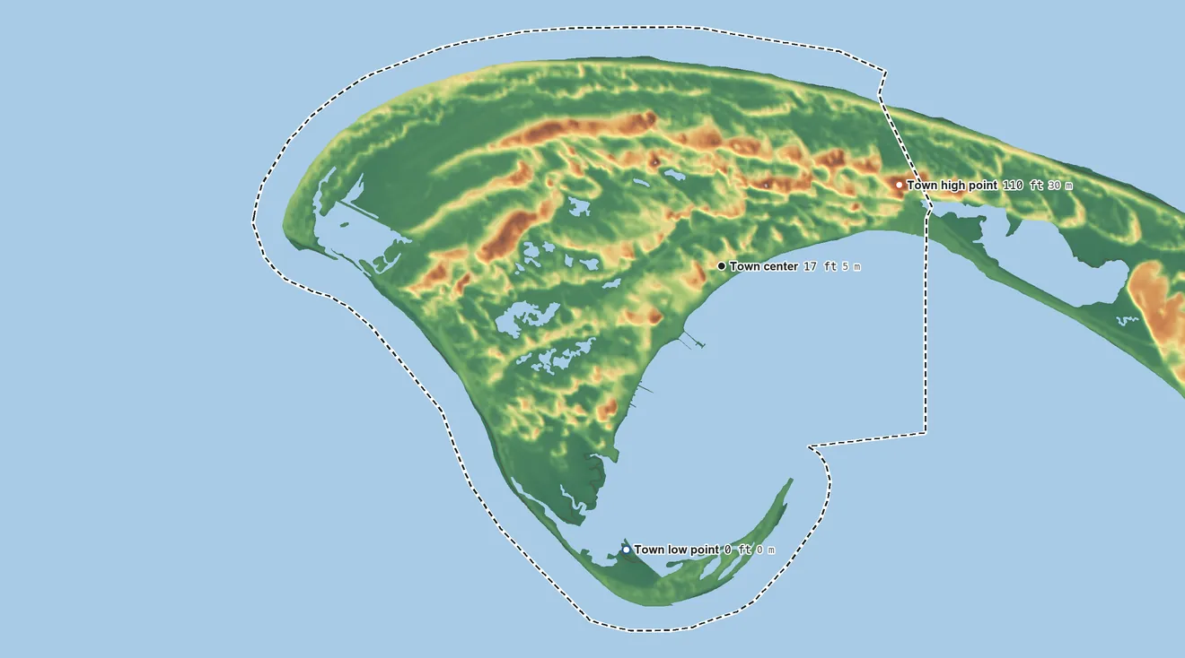 Topographic elevation map of Provincetown, Massachusetts, shaded from sea level level on Cape Cod Bay to 110 ft on Mount Ararat