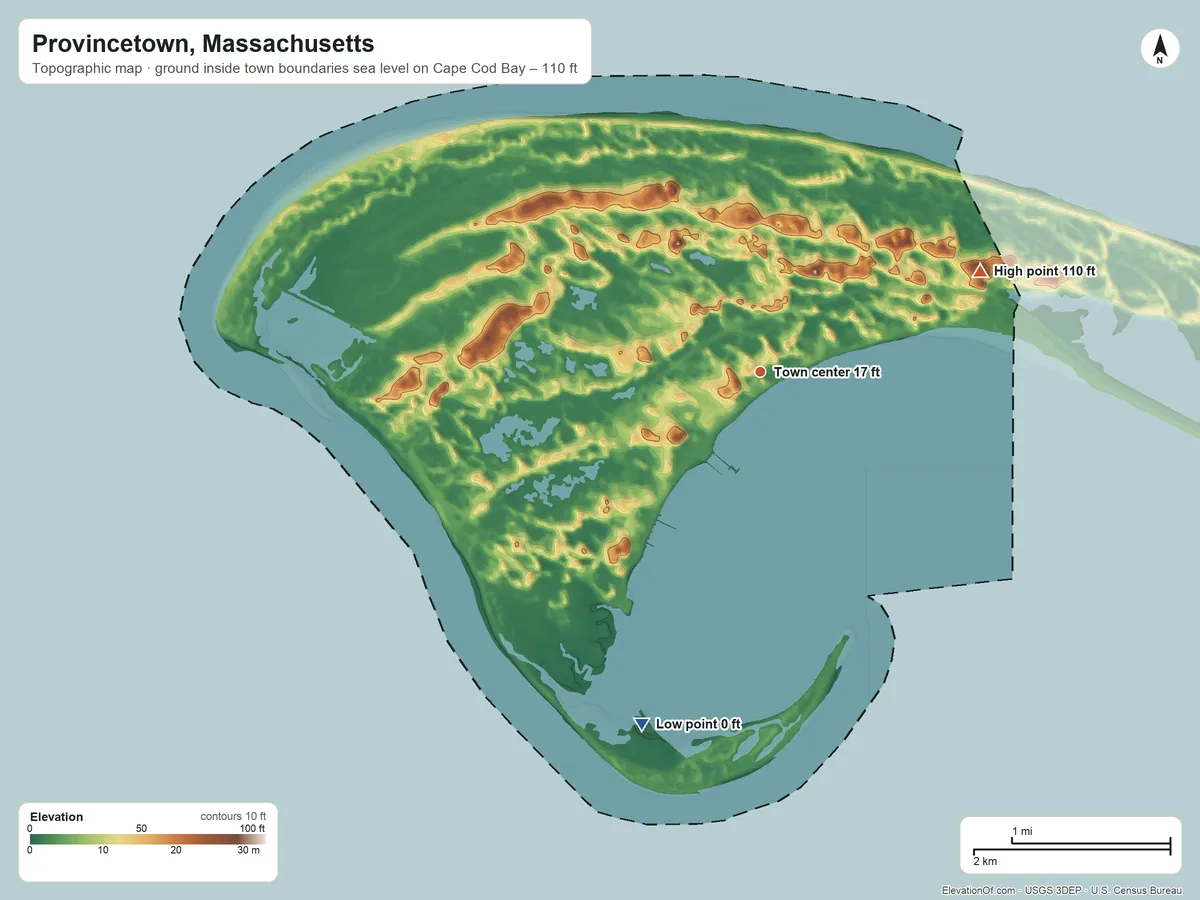 Topographic elevation map of Provincetown, Massachusetts, shaded from sea level level on Cape Cod Bay to 110 ft on Mount Ararat