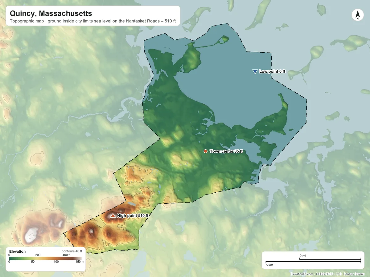 Topographic elevation map of Quincy, Massachusetts, shaded from sea level level on the Nantasket Roads to 510 ft on Chickatawbut Hill