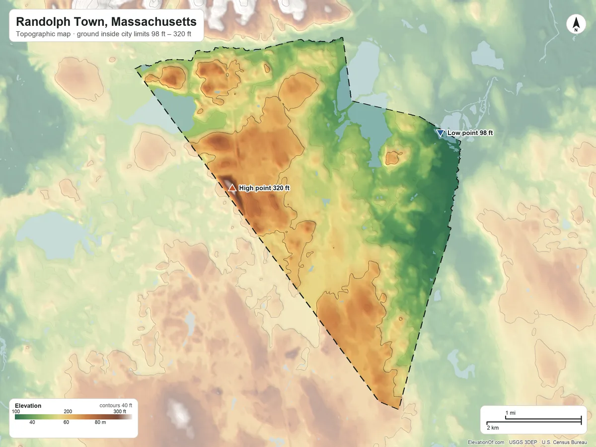 Topographic elevation map of Randolph Town, Massachusetts, shaded from 98 ft on the northeast side to 320 ft on the west side