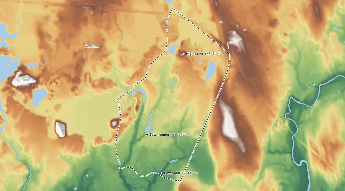 Topographic elevation map of Raynham Center, Massachusetts, shaded from 12 ft on the south side to 130 ft on the northeast side