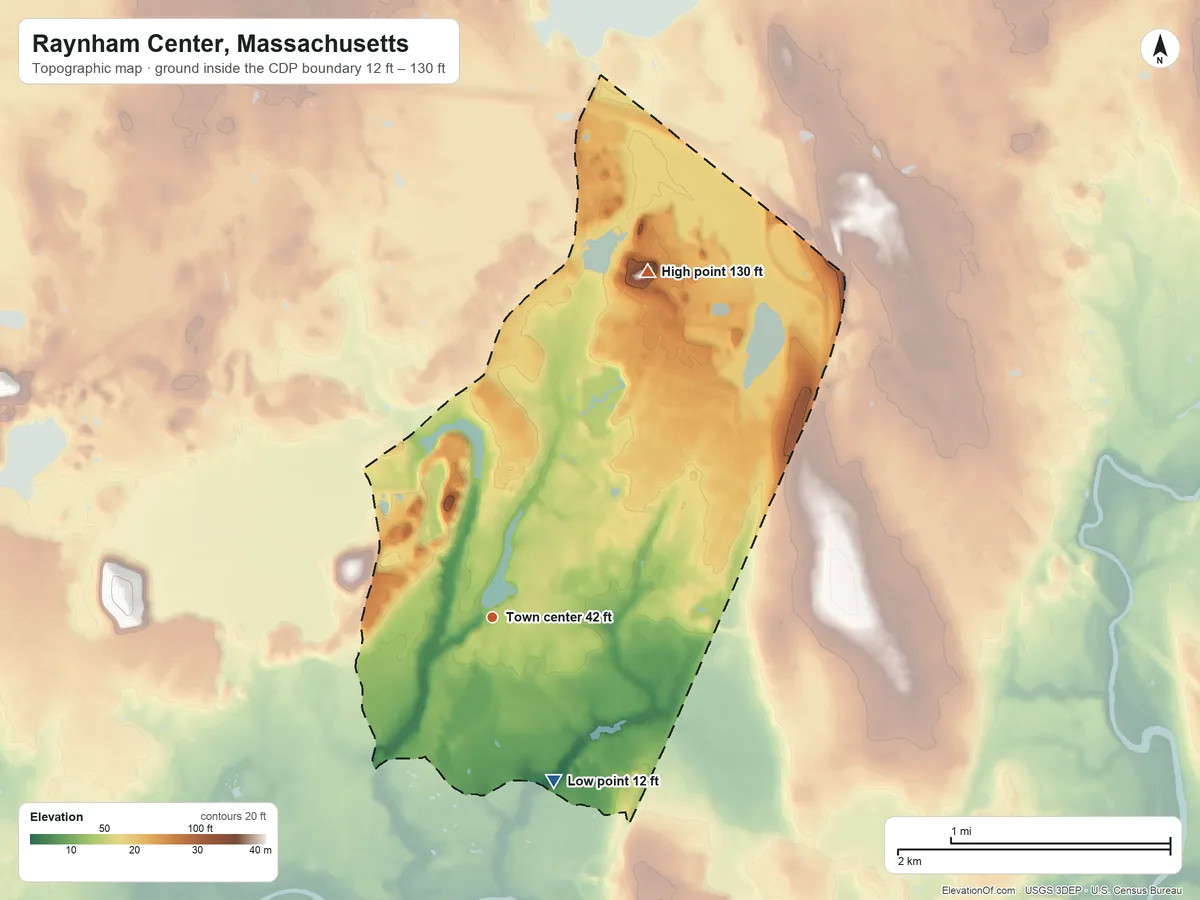 Topographic elevation map of Raynham Center, Massachusetts, shaded from 12 ft on the south side to 130 ft on the northeast side