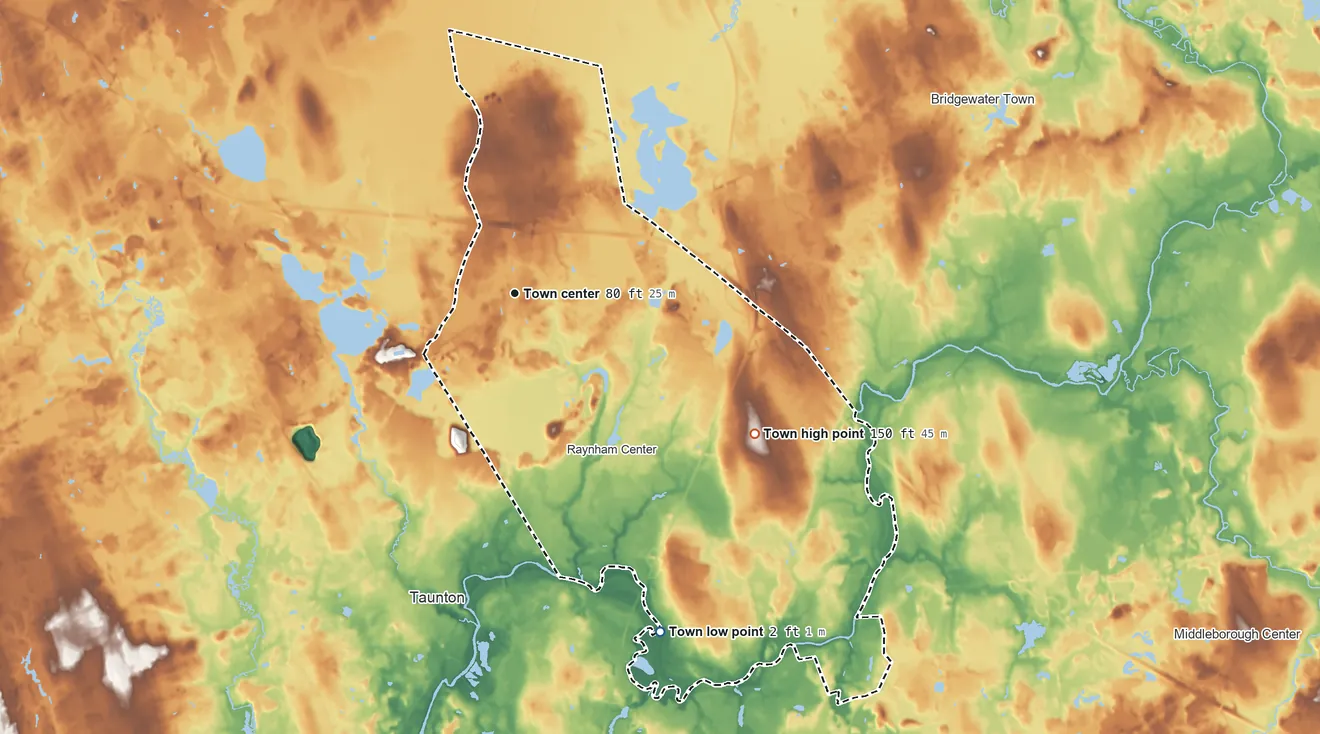 Topographic elevation map of Raynham, Massachusetts, shaded from 2 ft on the southeast side to 150 ft on the southeast side