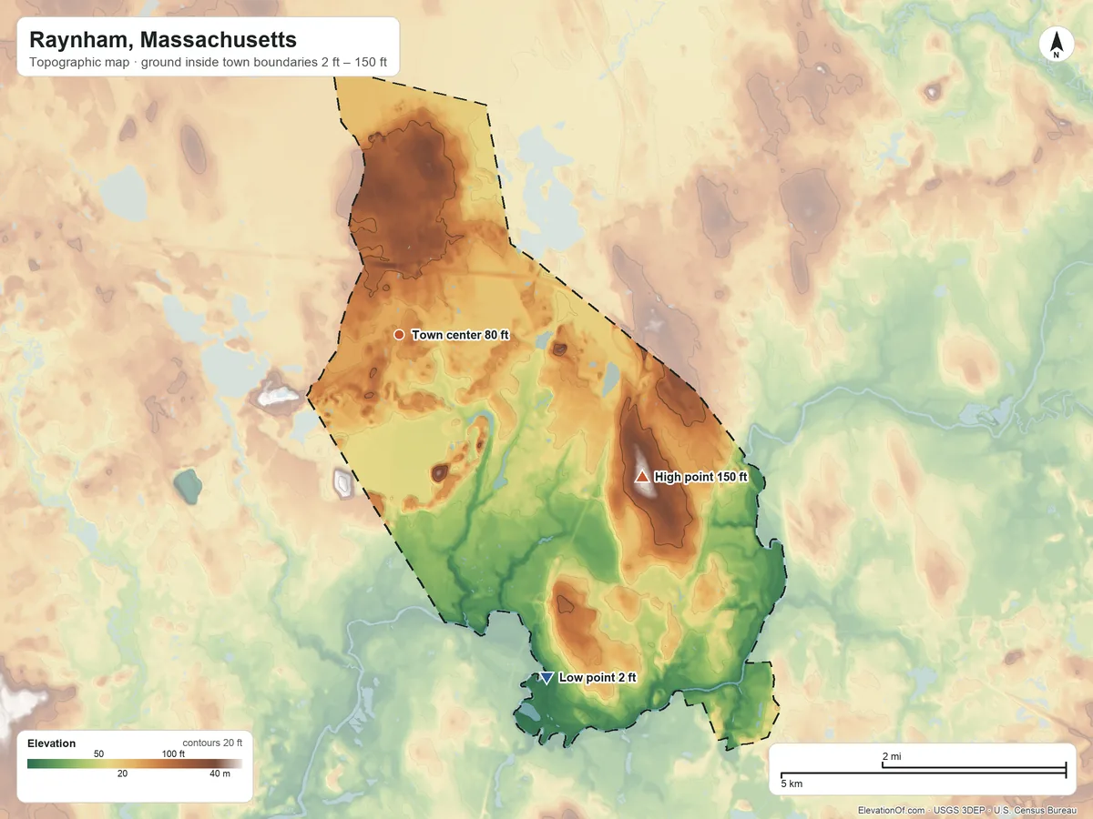 Topographic elevation map of Raynham, Massachusetts, shaded from 2 ft on the southeast side to 150 ft on the southeast side