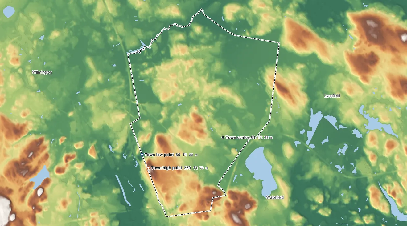 Topographic elevation map of Reading, Massachusetts, shaded from 66 ft on the west side to 230 ft on Dobbins Hill