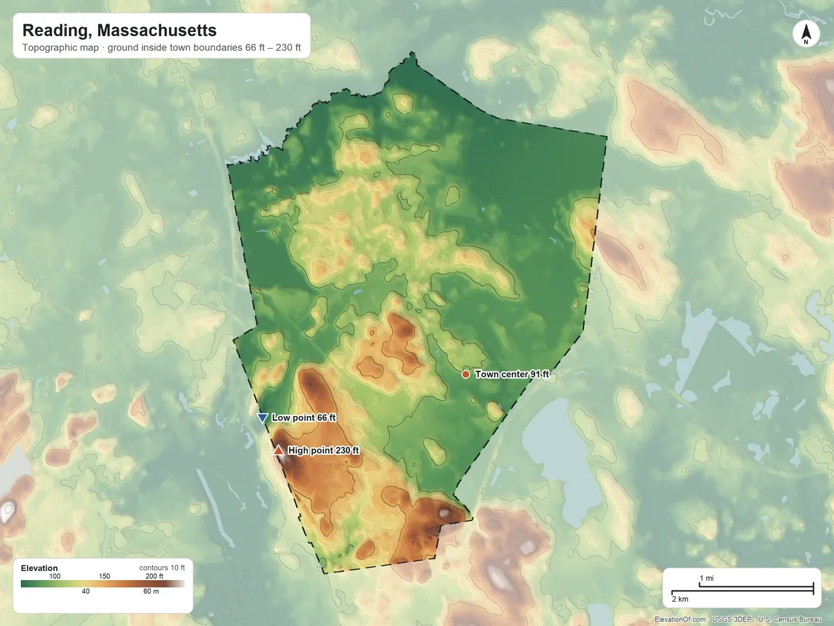 Topographic elevation map of Reading, Massachusetts, shaded from 66 ft on the west side to 230 ft on Dobbins Hill