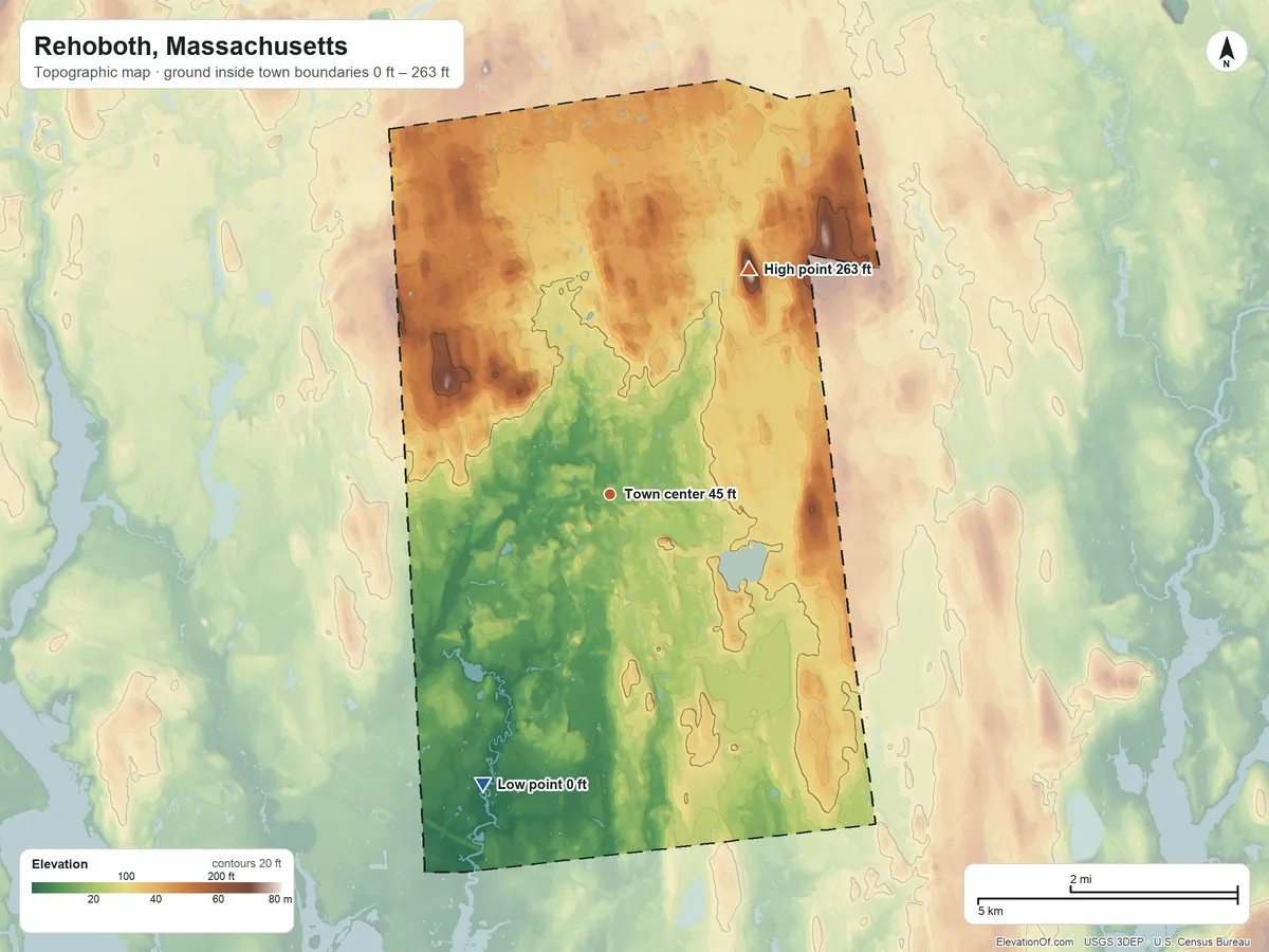 Topographic elevation map of Rehoboth, Massachusetts, shaded from 0 ft on the southwest side to 263 ft on Great Meadow Hill