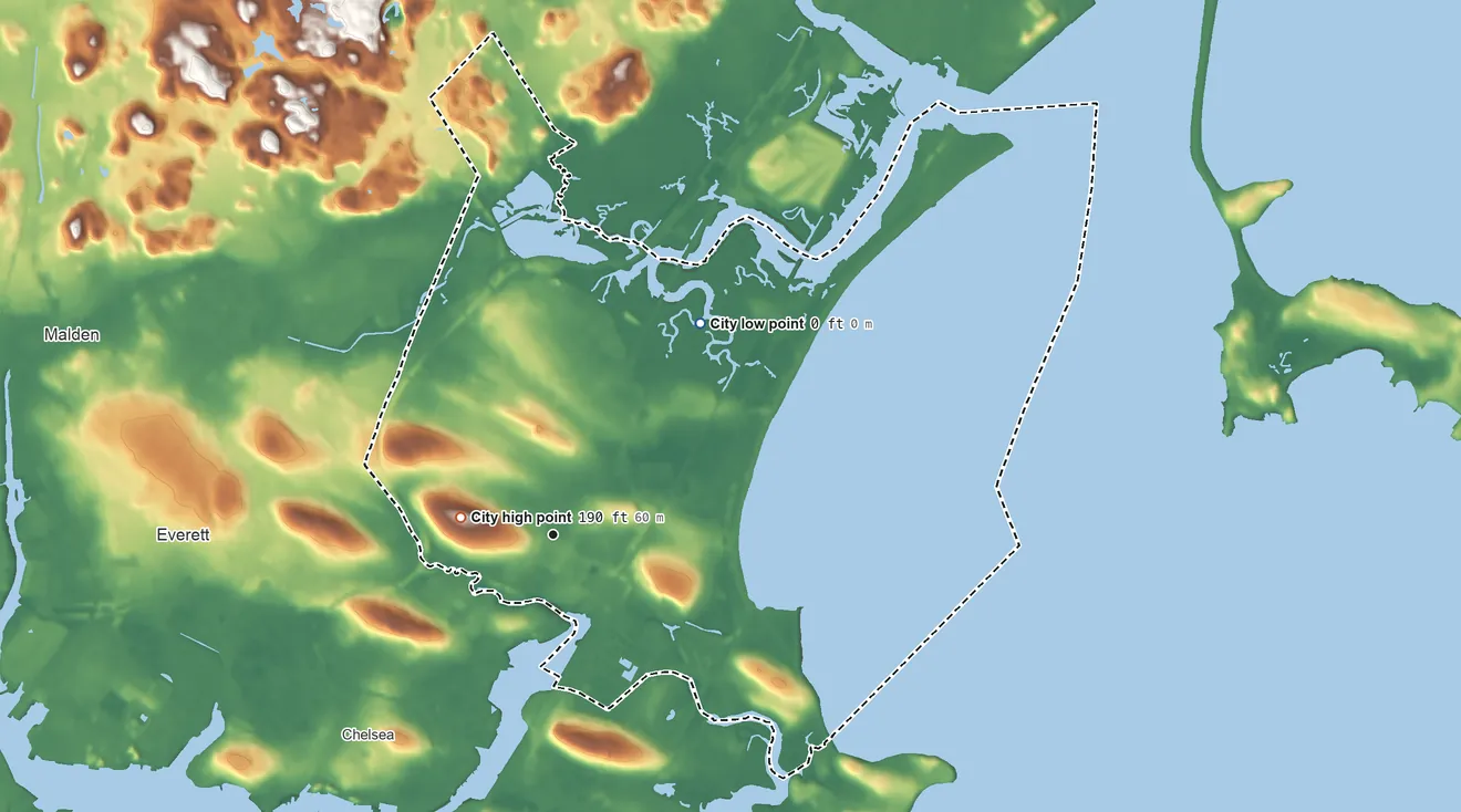 Topographic elevation map of Revere, Massachusetts, shaded from sea level level on Broad Sound to 190 ft on Fennos Hill
