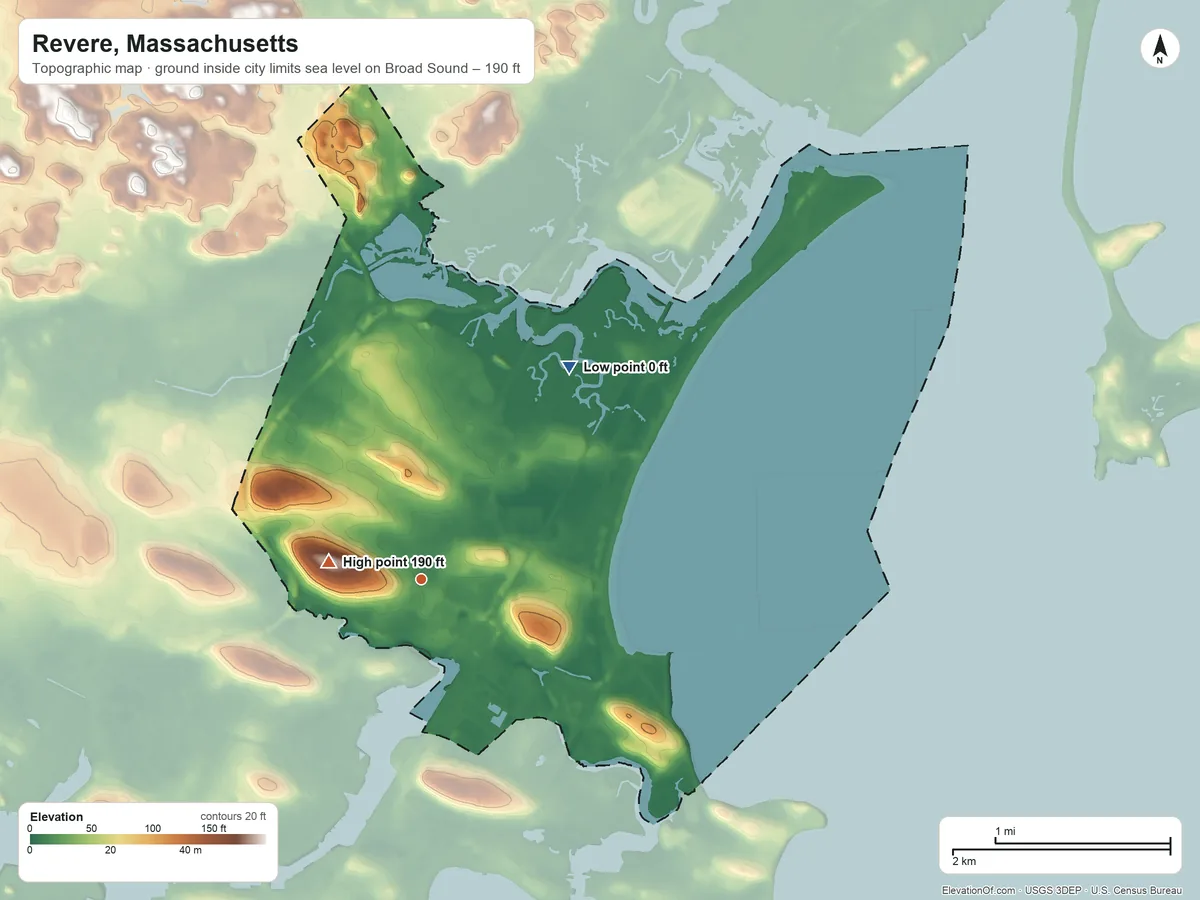 Topographic elevation map of Revere, Massachusetts, shaded from sea level level on Broad Sound to 190 ft on Fennos Hill