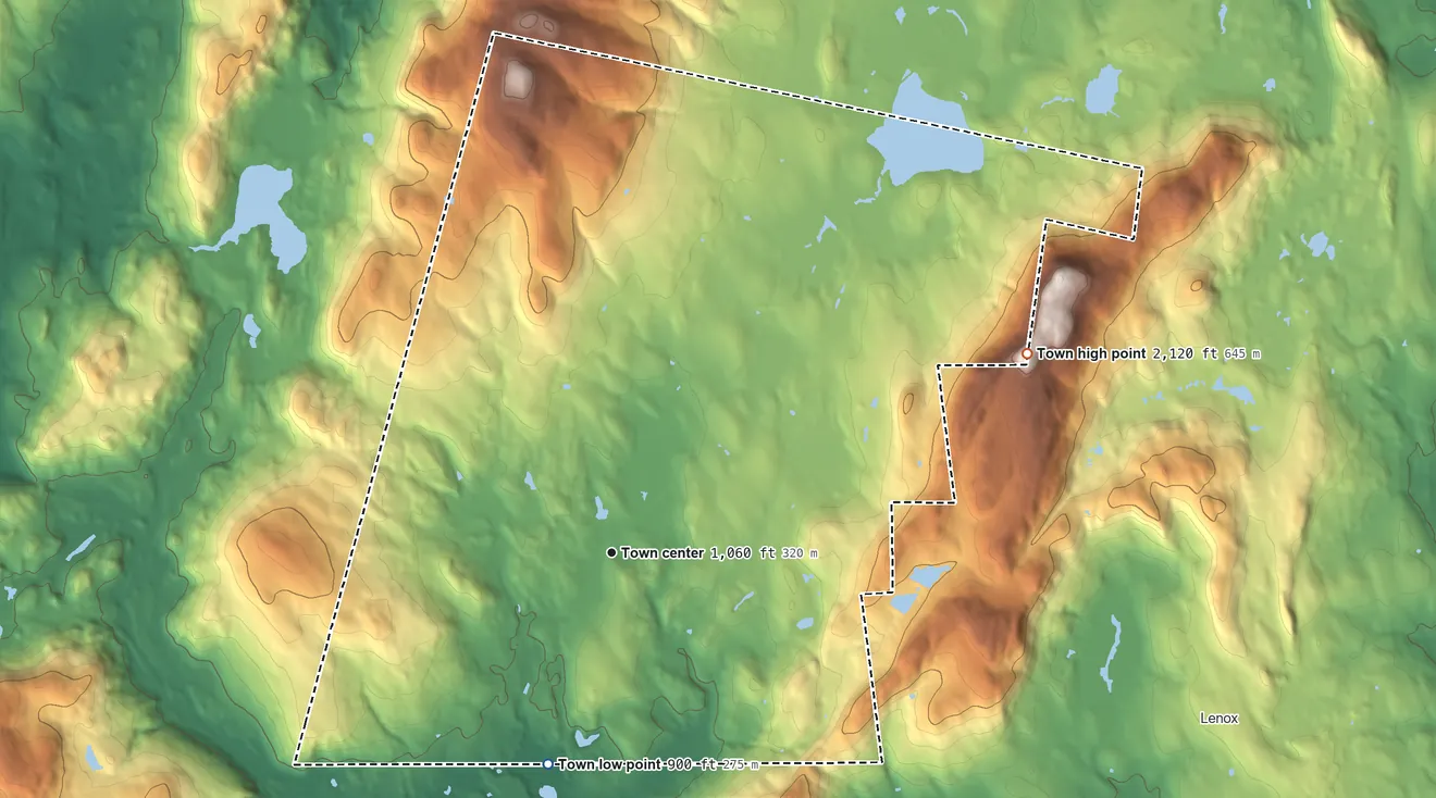 Topographic elevation map of Richmond, Massachusetts, shaded from 900 ft on the south side to 2,120 ft on Lenox Mountain