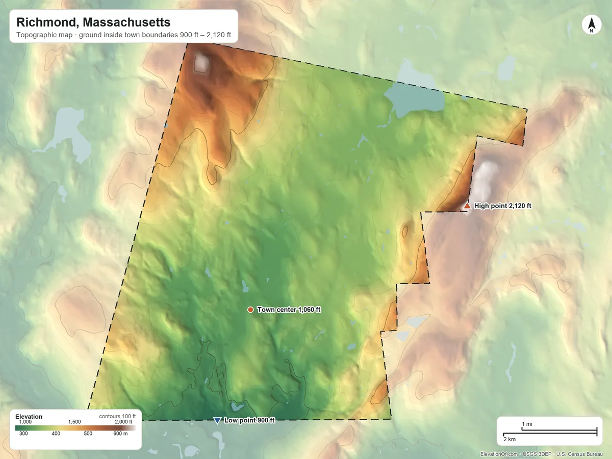 Topographic elevation map of Richmond, Massachusetts, shaded from 900 ft on the south side to 2,120 ft on Lenox Mountain