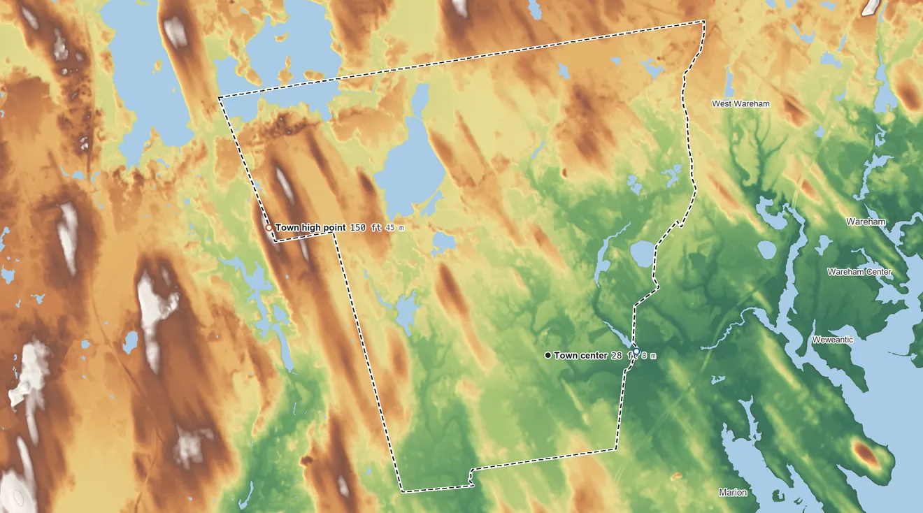 Topographic elevation map of Rochester, Massachusetts, shaded from 7 ft on the east side to 150 ft on Braley Hill