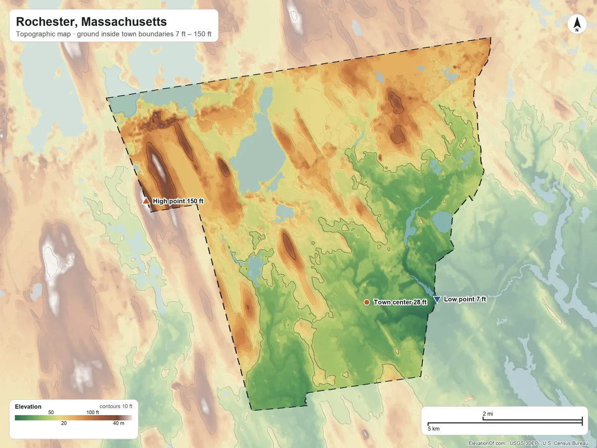 Topographic elevation map of Rochester, Massachusetts, shaded from 7 ft on the east side to 150 ft on Braley Hill