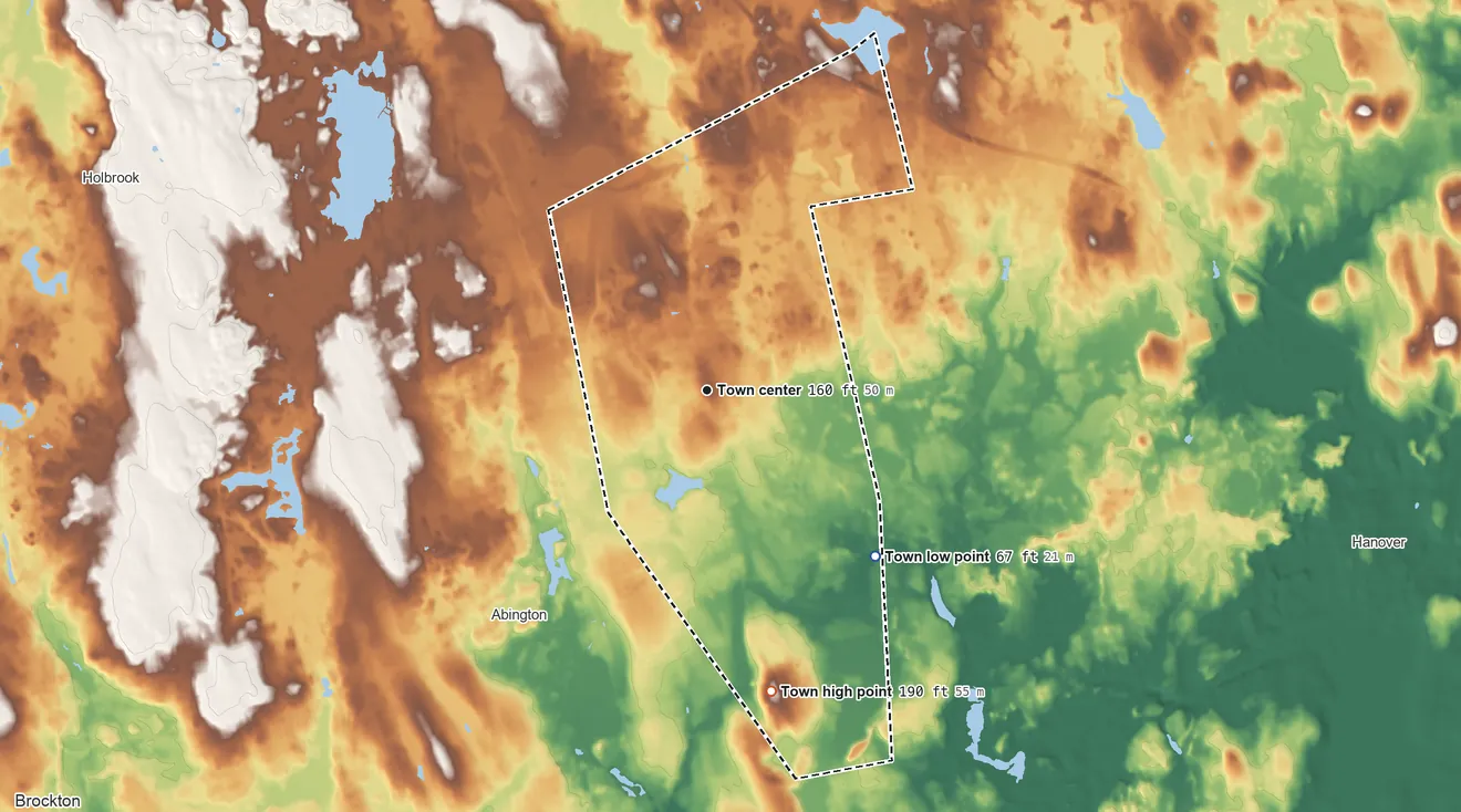 Topographic elevation map of Rockland, Massachusetts, shaded from 67 ft on the southeast side to 190 ft on Beech Hill