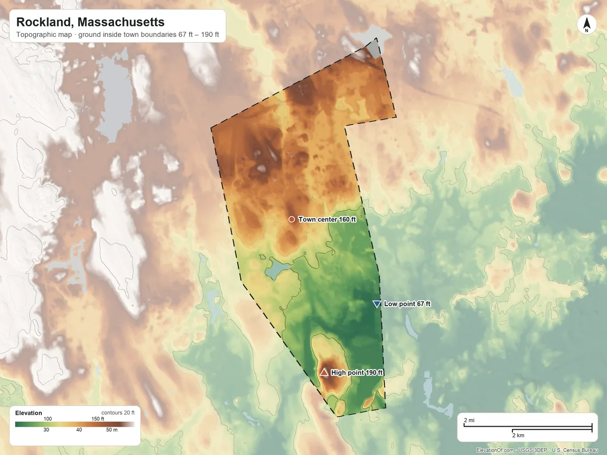 Topographic elevation map of Rockland, Massachusetts, shaded from 67 ft on the southeast side to 190 ft on Beech Hill