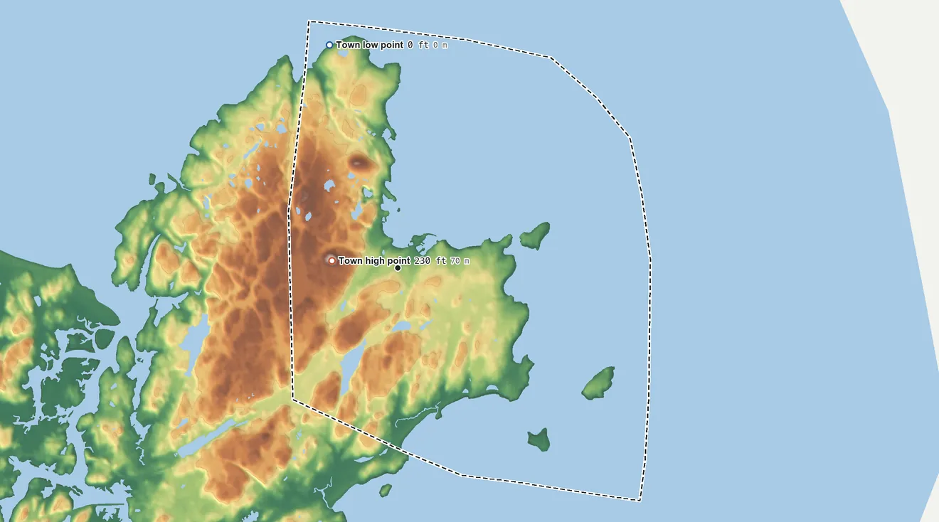 Topographic elevation map of Rockport, Massachusetts, shaded from sea level level on the Atlantic Ocean to 230 ft on Pool Hill